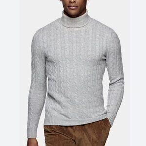 SuitSupply Wool Cashmere Cable-Knit Turtleneck Sweater Light Gray Ribbed Size XL